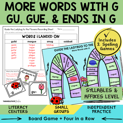 Educational materials for teaching spelling with words ending in 'g', 'gu', and 'gue'.