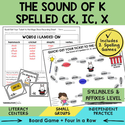 Educational materials for teaching the sound of 'k' spelled as 'ck', 'ic', and 'x'.