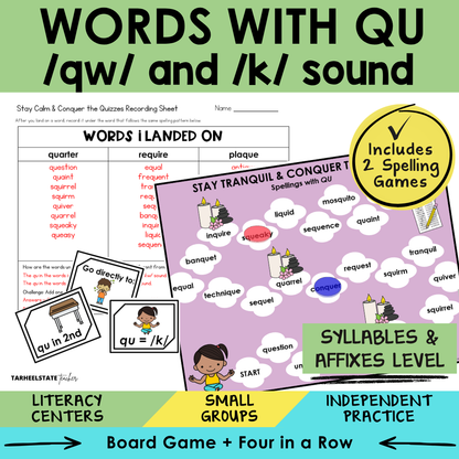 Educational materials for teaching words with 'qu' sound including games and worksheets.
