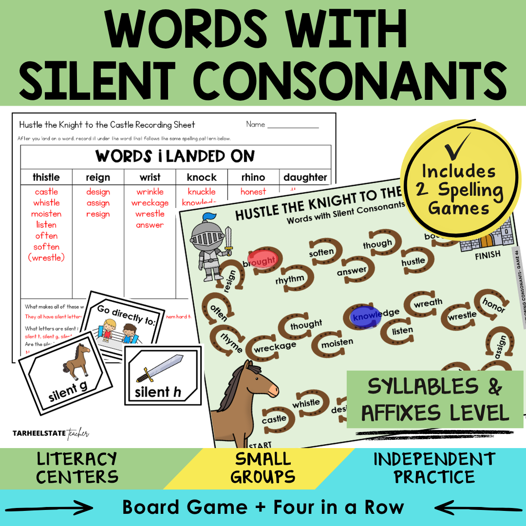 Educational materials for teaching words with silent consonants, including worksheets and game components.