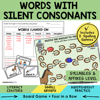 Educational materials for teaching words with silent consonants, including worksheets and game components.