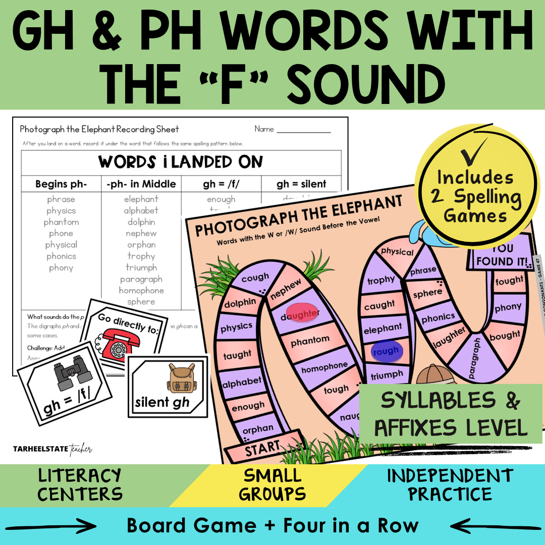 Educational materials for teaching 'gh' and 'ph' words with the 'f' sound, including a board game and recording sheet.