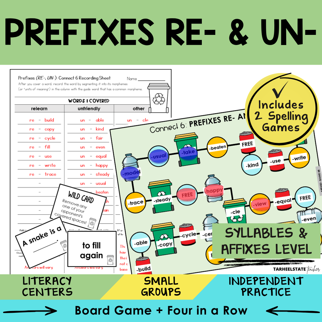 Educational materials for teaching prefixes RE- and UN- with games and worksheets.