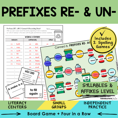 Educational materials for teaching prefixes RE- and UN- with games and worksheets.