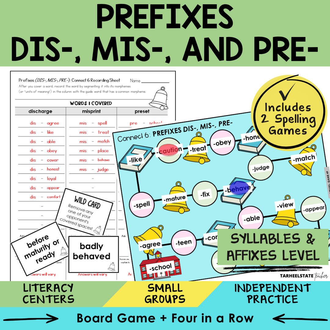 Educational materials for teaching prefixes DIS-, MIS-, PRE- with games and activities.