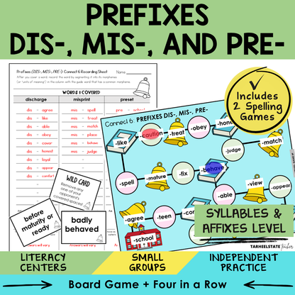 Educational materials for teaching prefixes DIS-, MIS-, PRE- with games and activities.
