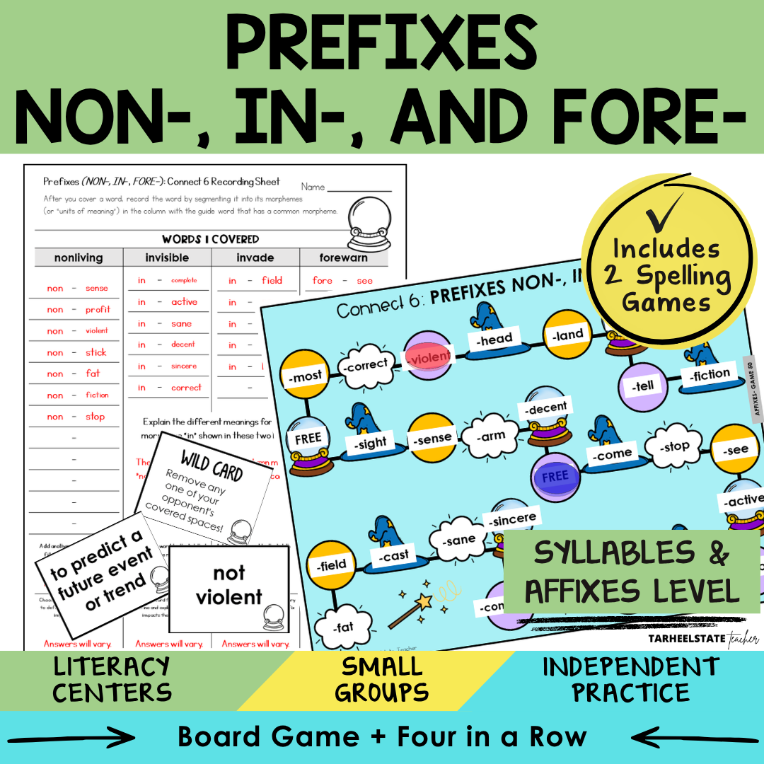 Educational materials for teaching prefixes NON-, IN-, and FORE- with games and activities.