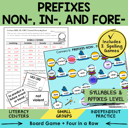 Educational materials for teaching prefixes NON-, IN-, and FORE- with games and activities.