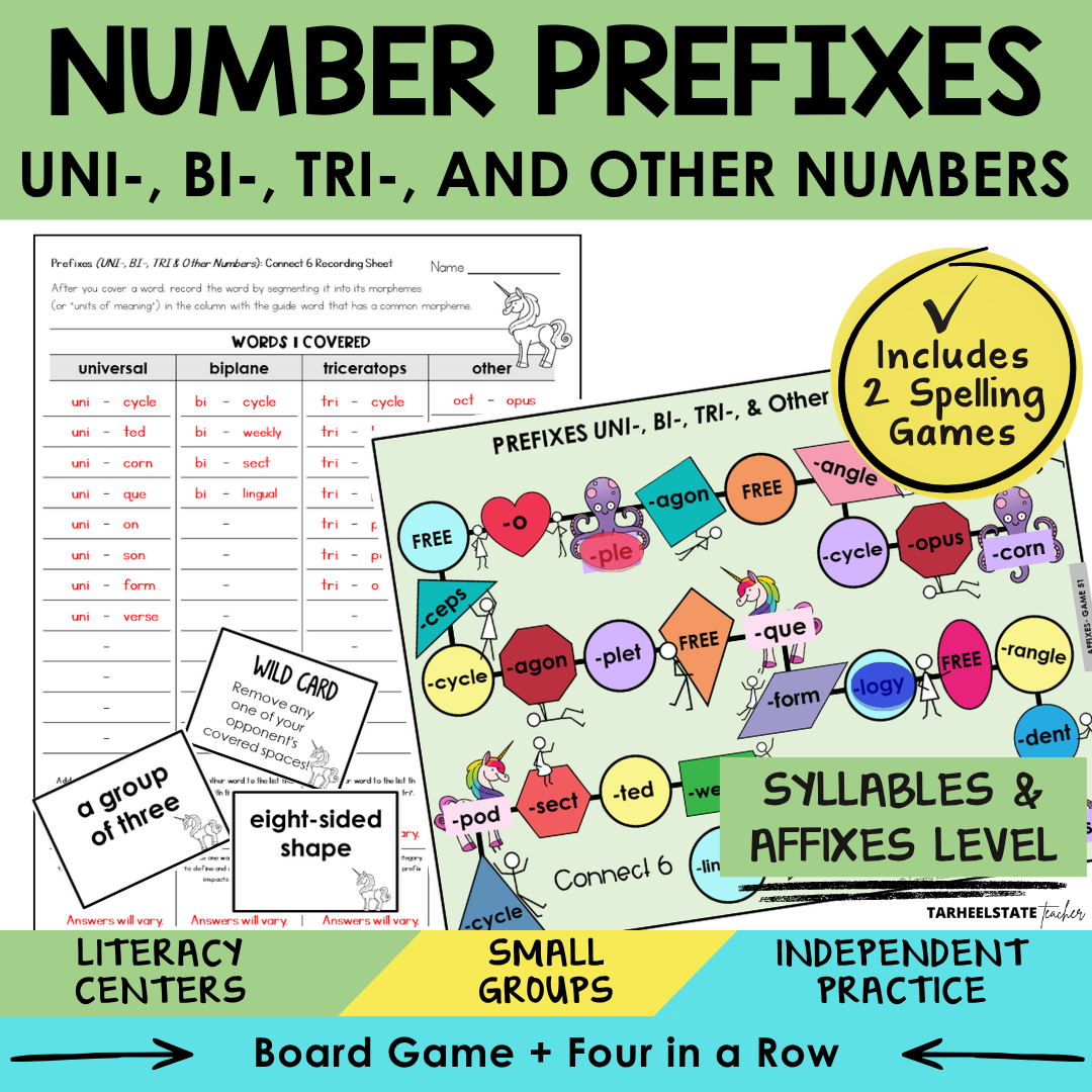 Educational materials for teaching number prefixes with games and activities.