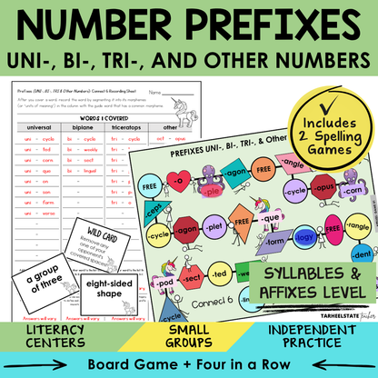 Educational materials for teaching number prefixes with games and activities.