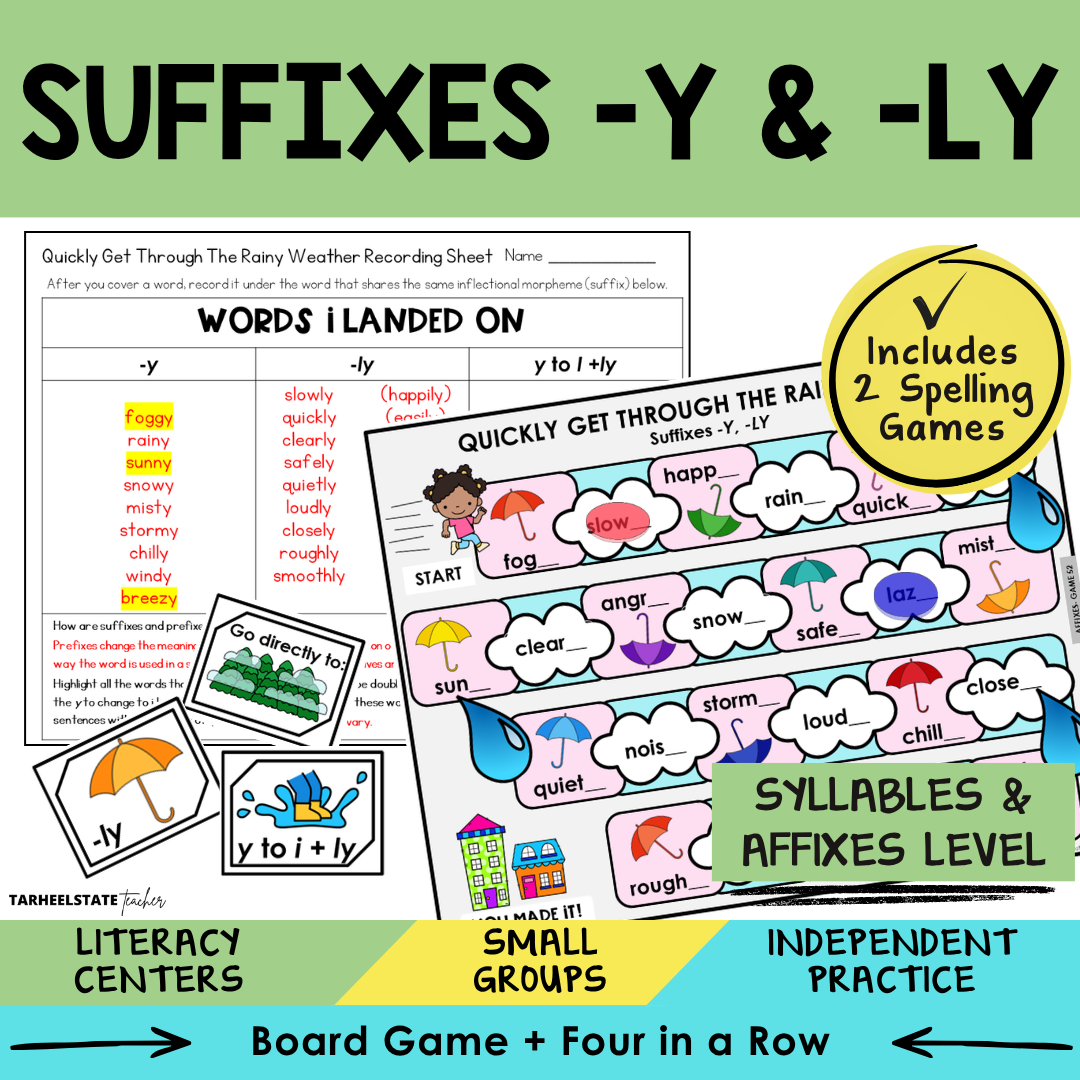 Educational materials for teaching suffixes -y and -ly with games and activities.