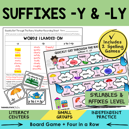 Educational materials for teaching suffixes -y and -ly with games and activities.