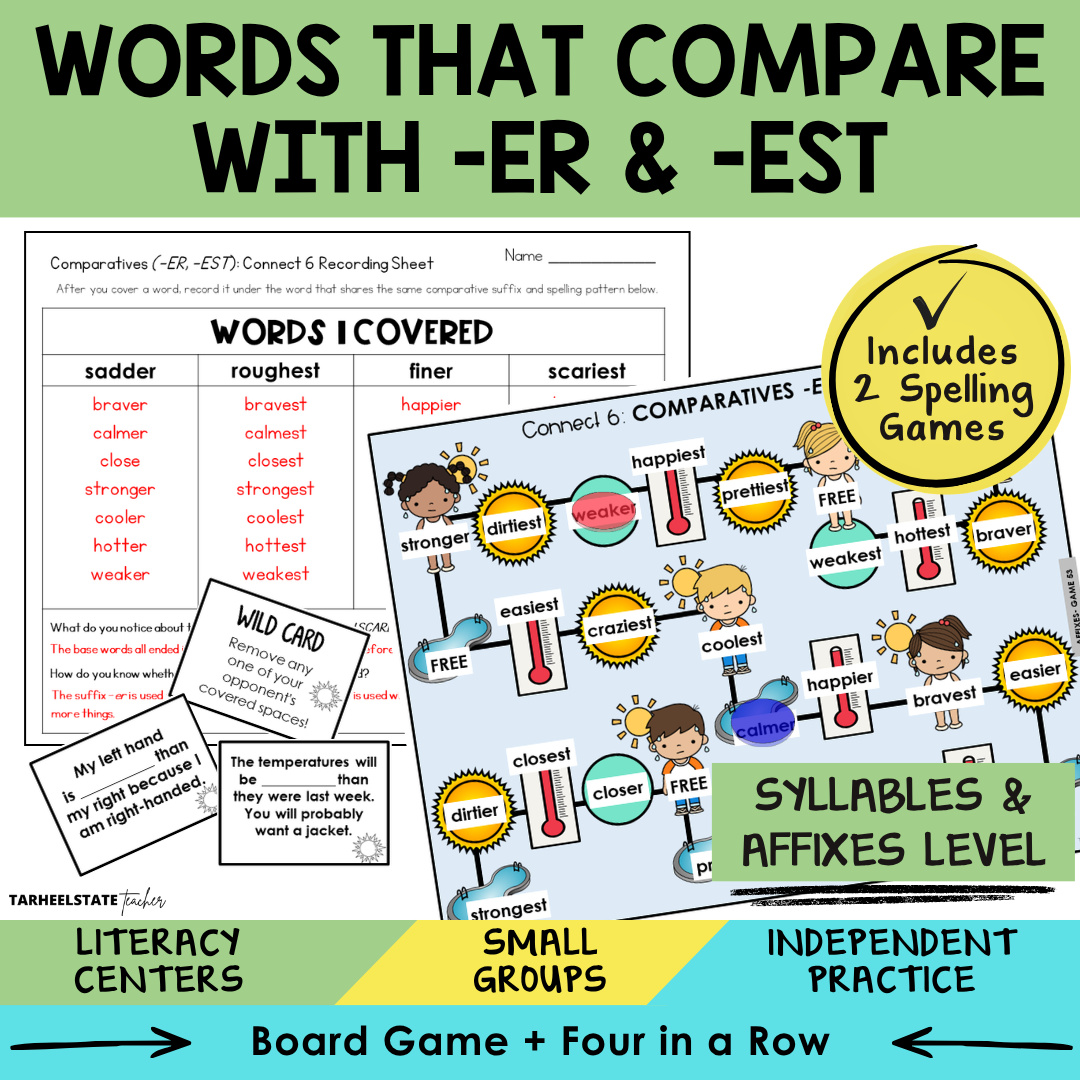 Educational materials for teaching comparative adjectives with '-er' and '-est', including worksheets and games.