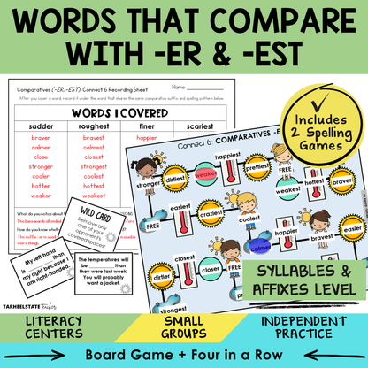 Educational materials for teaching comparative adjectives with '-er' and '-est', including worksheets and games.