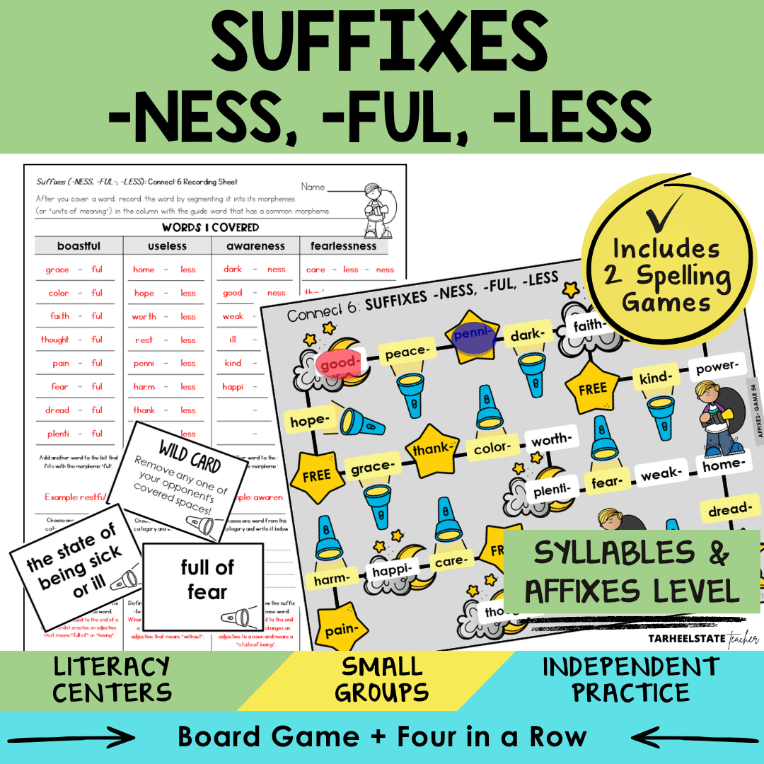 Educational materials for suffixes -ness, -ful, -less with games and activities.