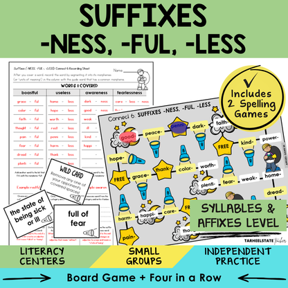 Educational materials for suffixes -ness, -ful, -less with games and activities.