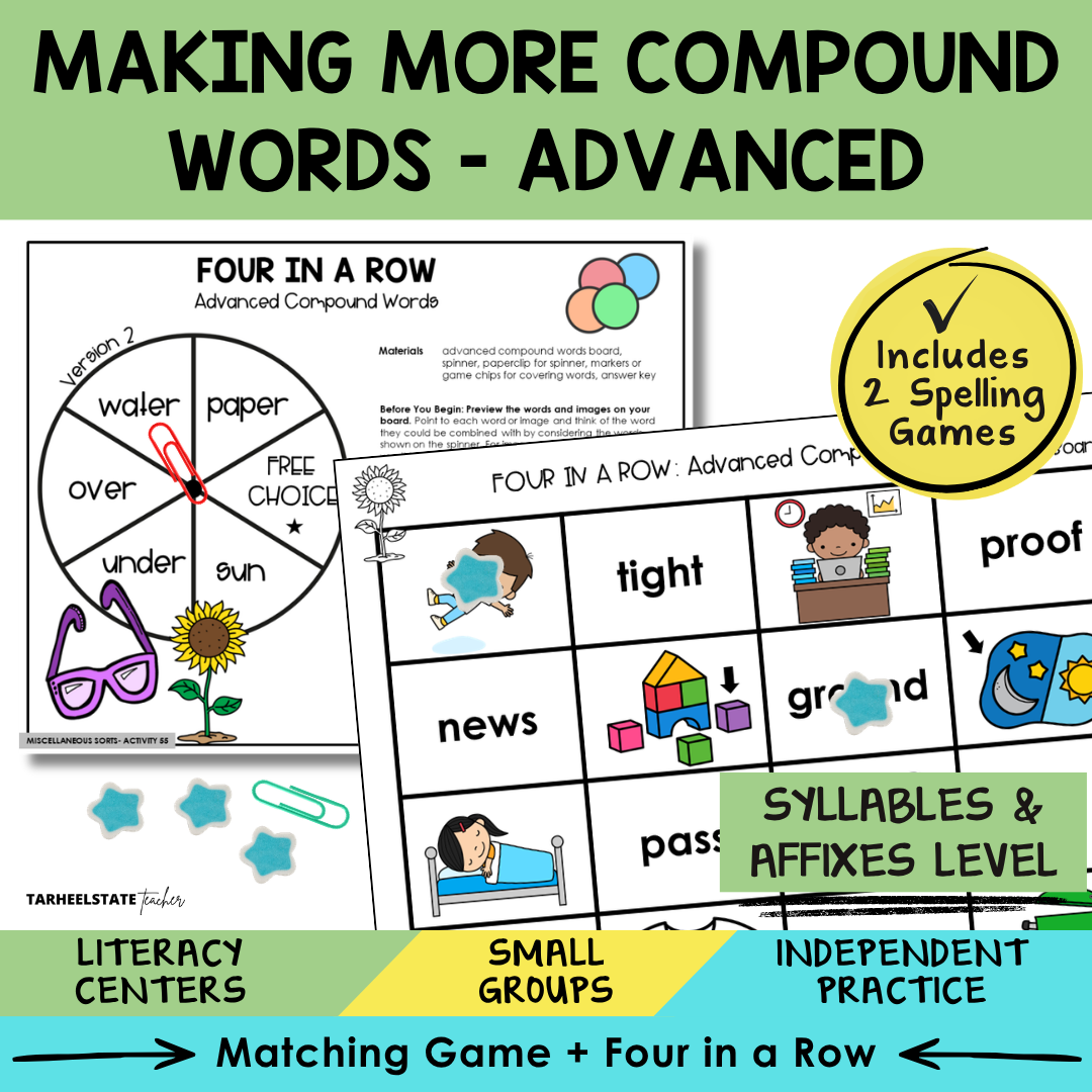 Spelling game and activity for students learning to make advanced compound words in the Syllables and Affixes stage.