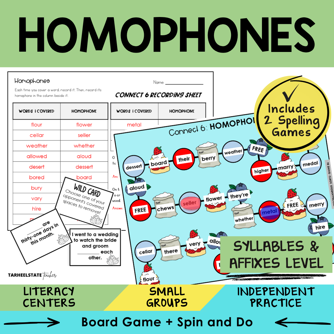 Spelling game and activity for students learning to identify and spell homophones in the Syllables and Affixes stage.