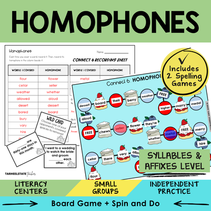 Spelling game and activity for students learning to identify and spell homophones in the Syllables and Affixes stage.