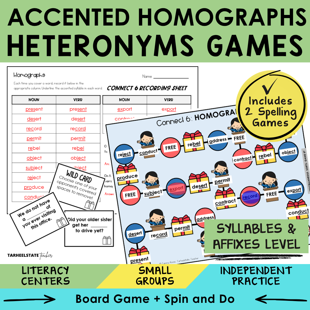 Spelling game and activity for students learning to identify and spell homographs and heteronyms in the Syllables and Affixes stage.