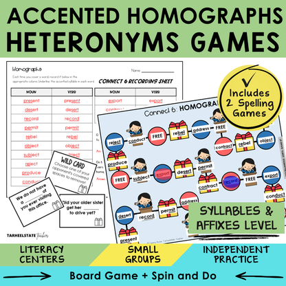 Spelling game and activity for students learning to identify and spell homographs and heteronyms in the Syllables and Affixes stage.