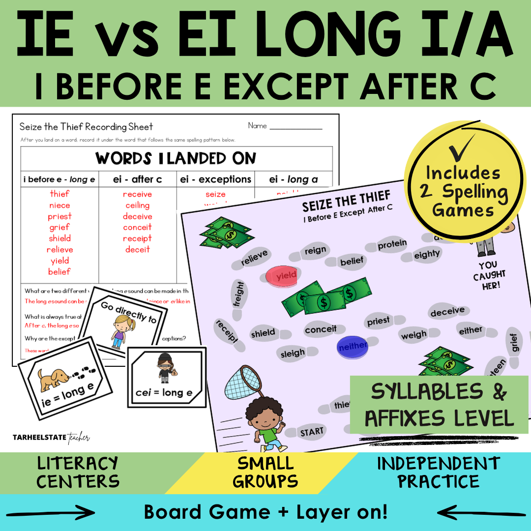 Educational materials for teaching spelling patterns including 'i before e except after c'.