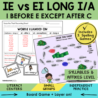Educational materials for teaching spelling patterns including 'i before e except after c'.
