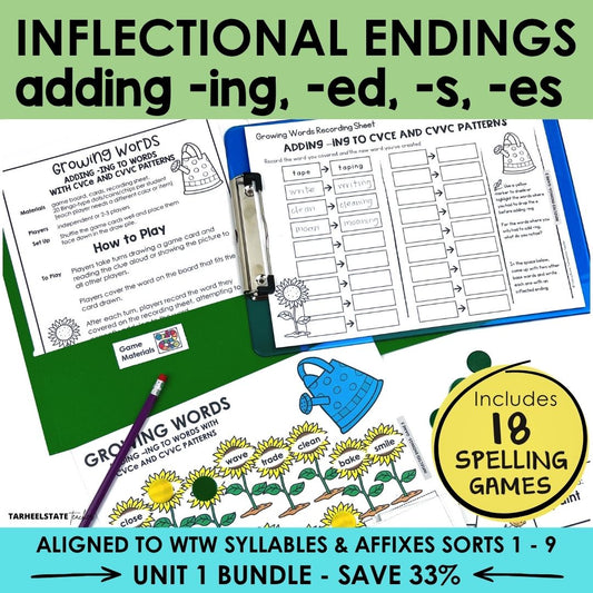 Inflectional Endings Unit 1 Syllables Affixes Games Bundle | Adding ING ED S ES