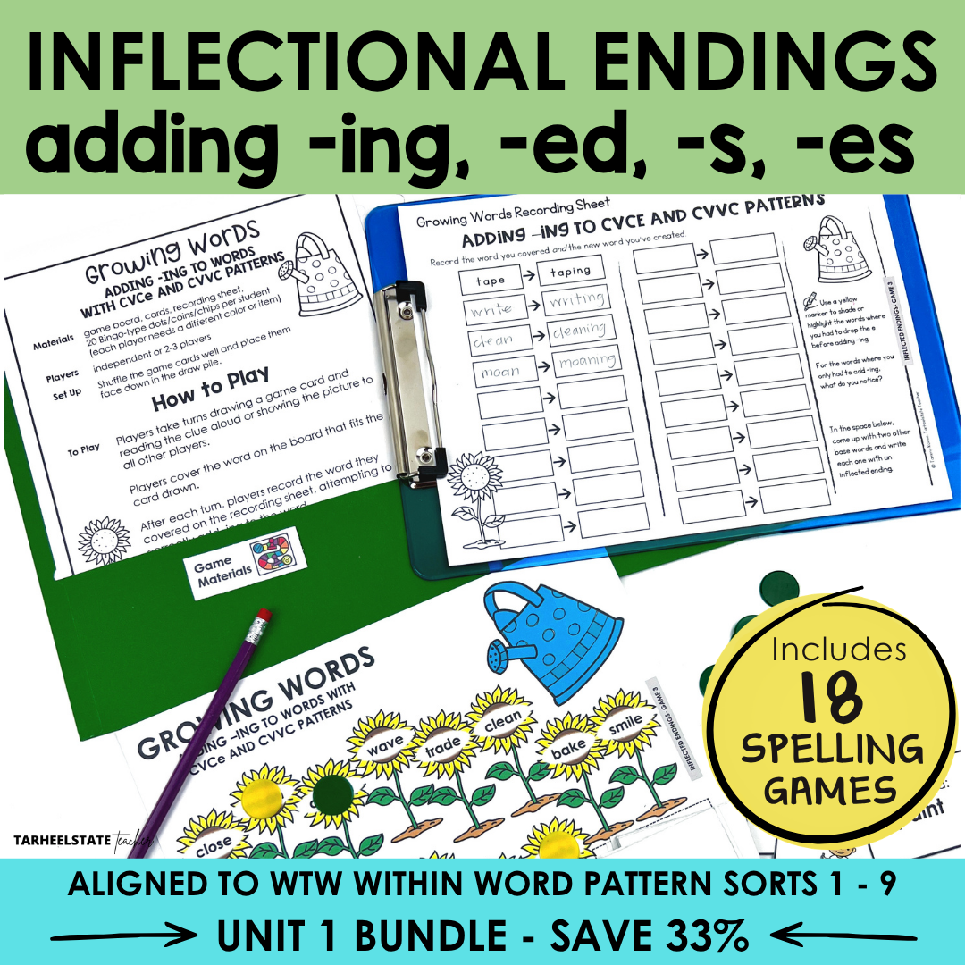 Educational materials for teaching inflectional endings with games and activities.
