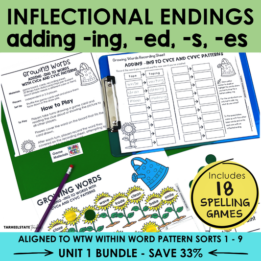 Educational materials for teaching inflectional endings with games and activities.