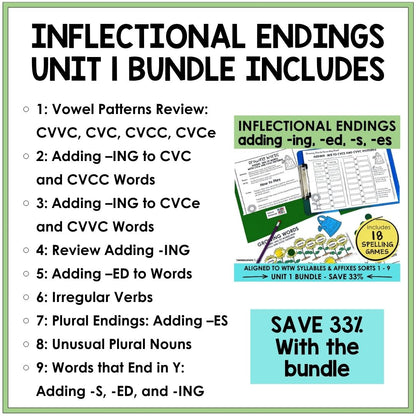 Inflectional Endings Unit 1 Syllables Affixes Games Bundle | Adding ING ED S ES