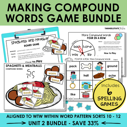 Engaging spelling games and activities for teaching spellers to make and define compound words.