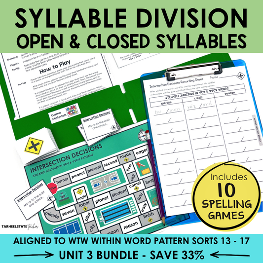 Educational materials for syllable division with spelling games and worksheets 