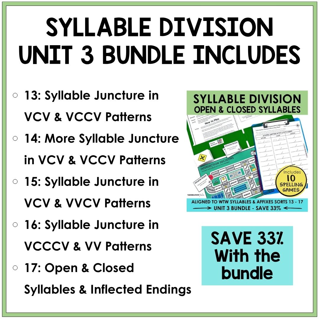 Syllable Division Unit 3 Syllables Affixes Games Bundle | Open and Closed Syllables