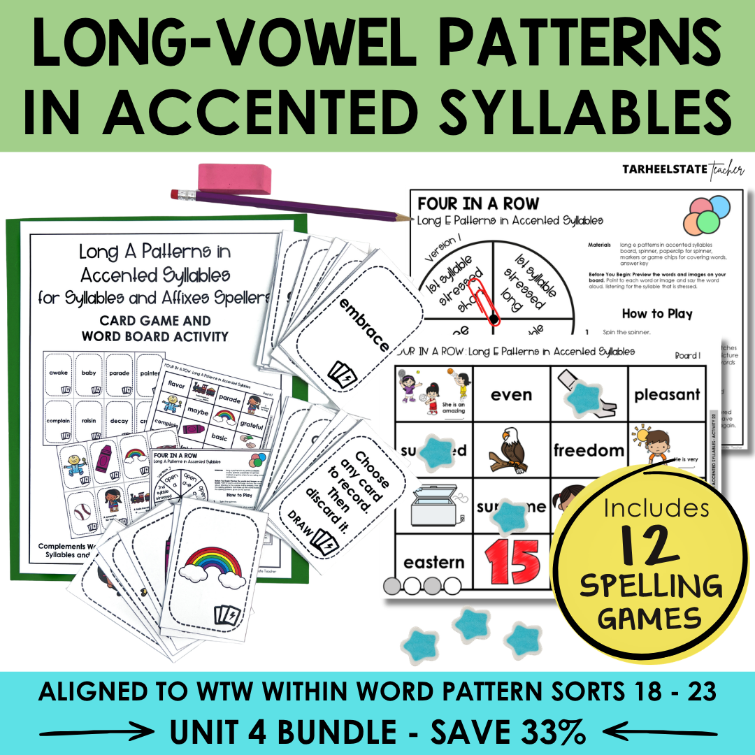Educational materials for teaching long vowel patterns in accented syllables with cards, a spinner, and printables.