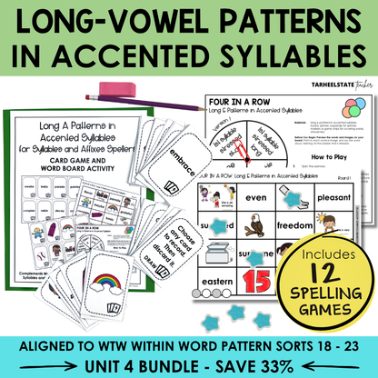 Educational materials for teaching long vowel patterns in accented syllables with cards, a spinner, and printables.