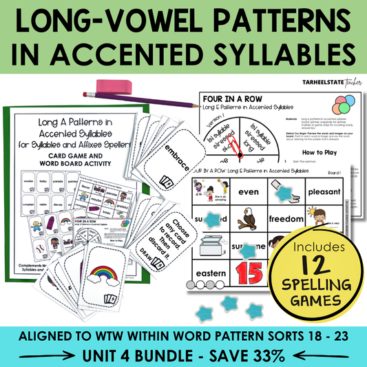 Educational materials for teaching long vowel patterns in accented syllables with cards, a spinner, and printables.