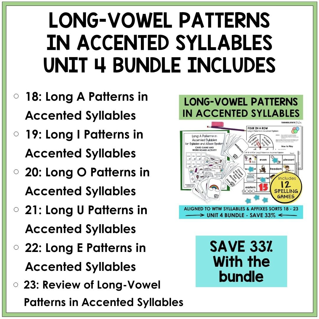 Long Vowel Patterns in Accented Syllables Unit 4 Syllables Affixes Games Bundle