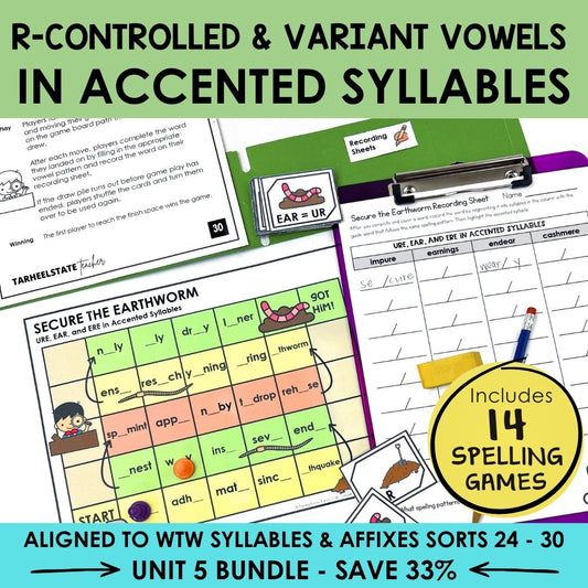 R-Controlled & Variant Vowels in Accented Syllables Unit 5 Syllables Affixes Games Bundle | Ambiguous Vowels | Diphthongs