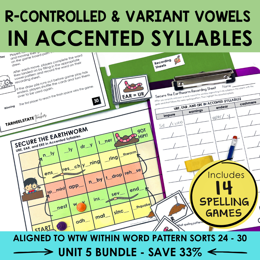 Educational materials for teaching R-controlled and variant vowels in accented syllables with game components.