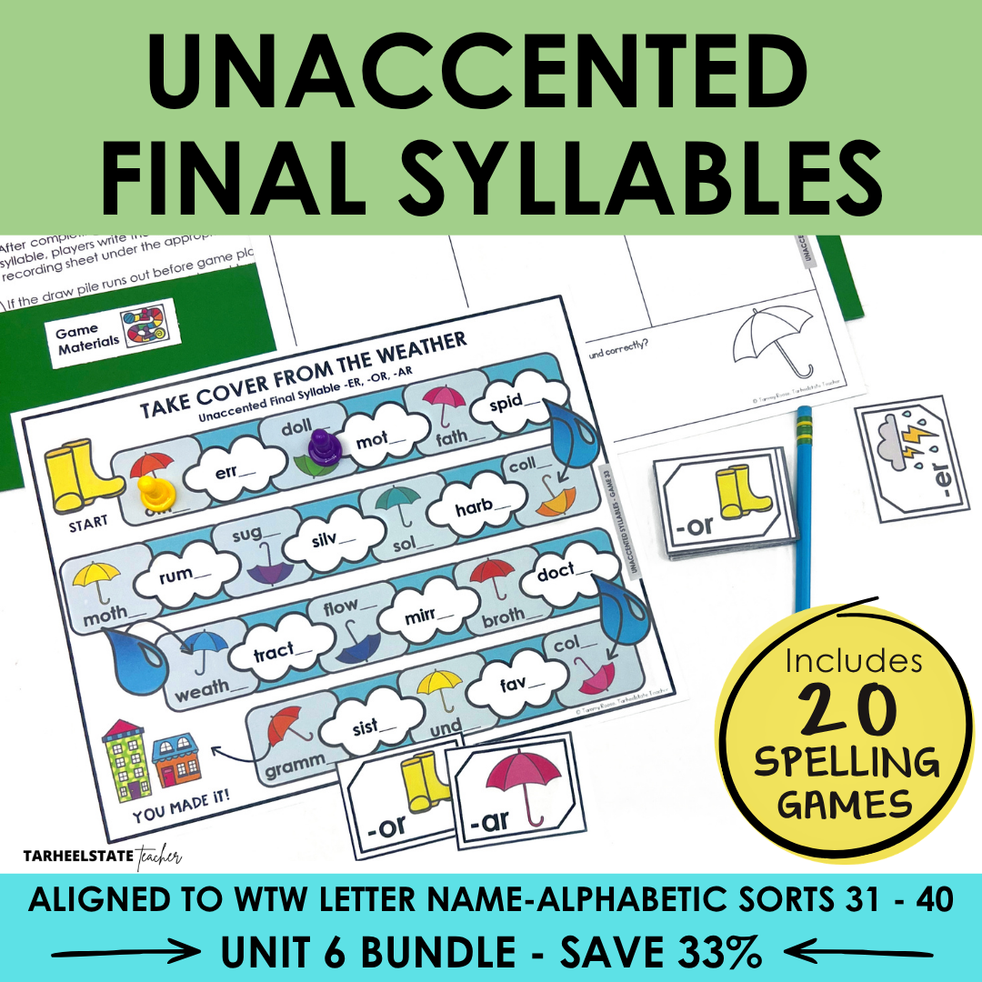 Educational materials for teaching unaccented final syllables with games and activities.