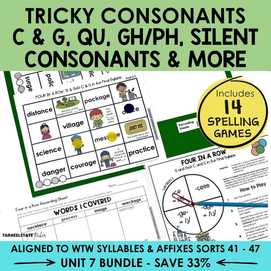 Exploring Consonants in Multisyllabic Words Unit 7 Syllables Affixes Games Bundle | Silent Consonants | Hard Soft C and G