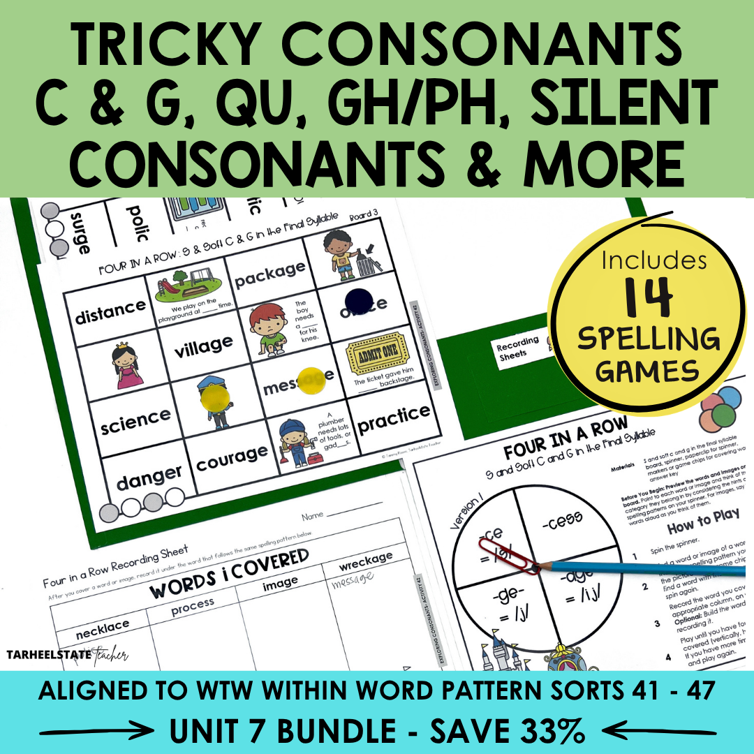 Educational materials for teaching tricky consonants such as silent consonants and hard and soft g and c.