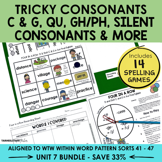 Educational materials for teaching tricky consonants such as silent consonants and hard and soft g and c.