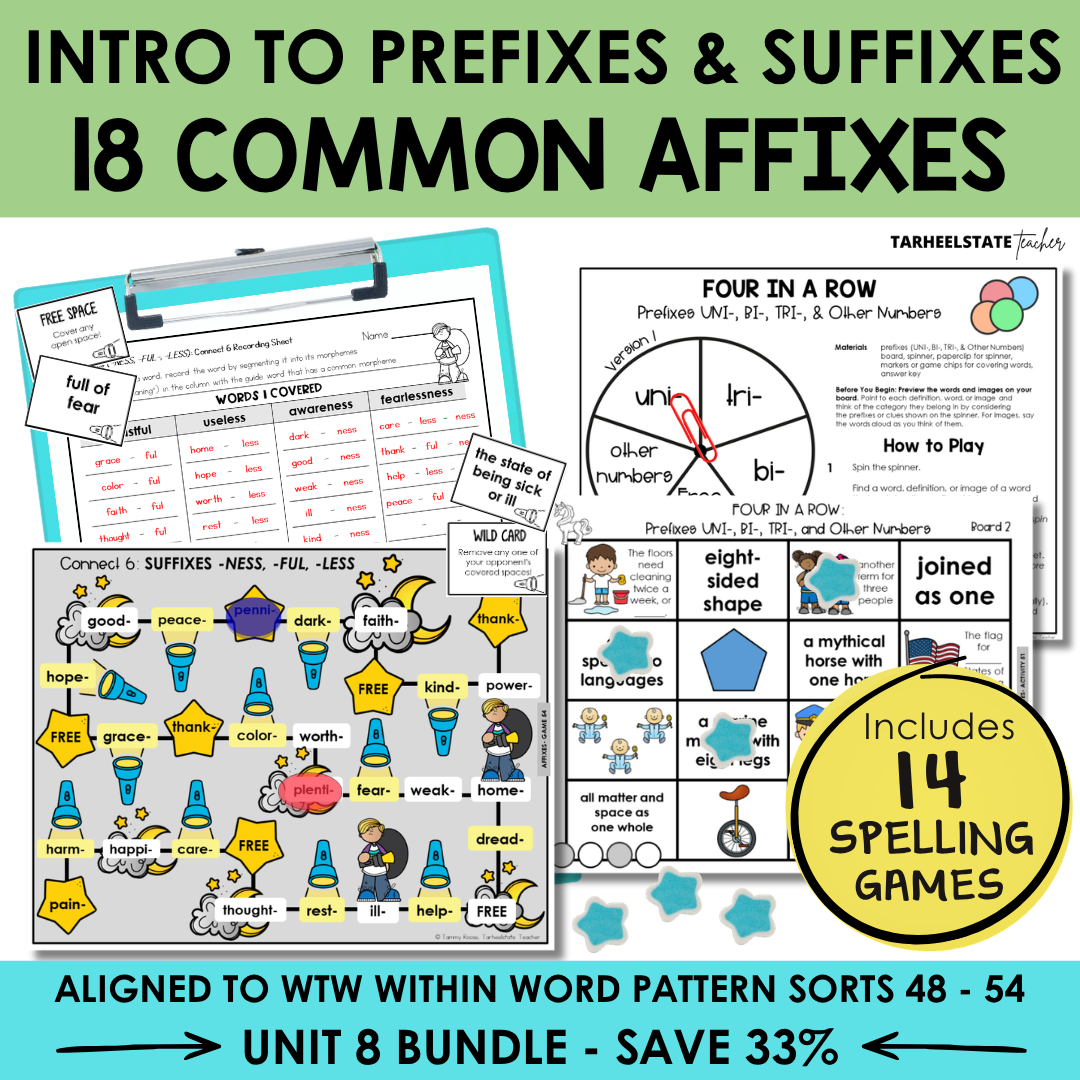 Educational materials on prefixes and suffixes with game cards and worksheets.