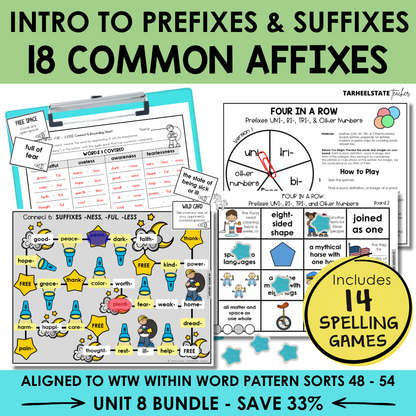 Educational materials on prefixes and suffixes with game cards and worksheets.