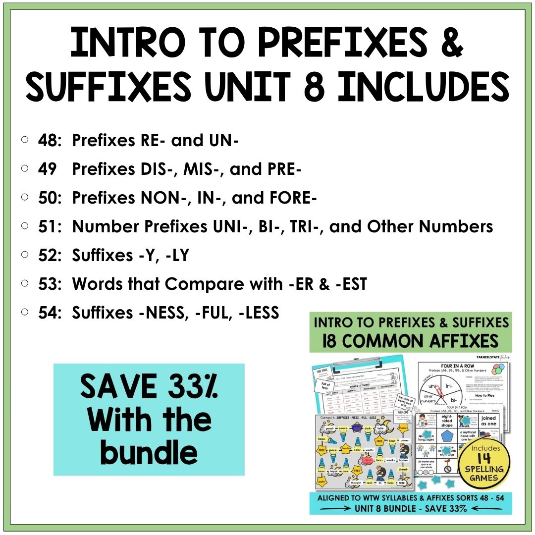 Intro to Prefixes & Suffixes Unit 8 Syllables Affixes Games Bundle