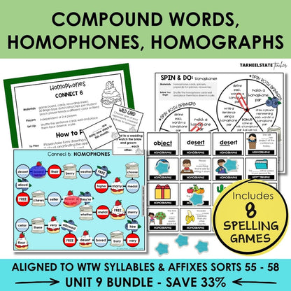 Compound Words, Homophones, & Homographs Unit 9 Syllables Affixes Games Bundle | I Before E