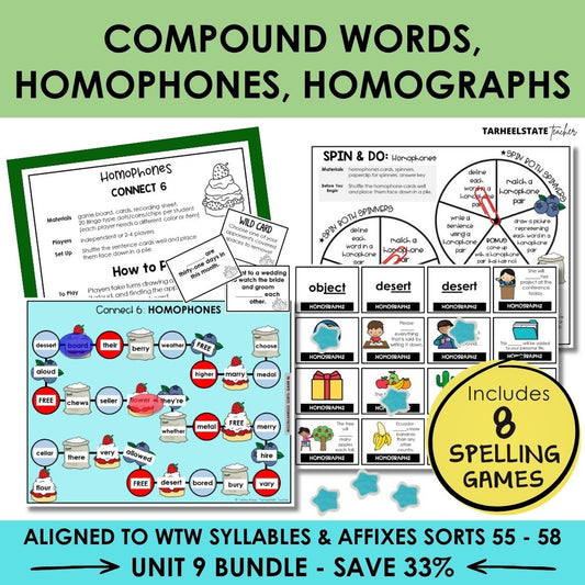 Compound Words, Homophones, & Homographs Unit 9 Syllables Affixes Games Bundle | I Before E