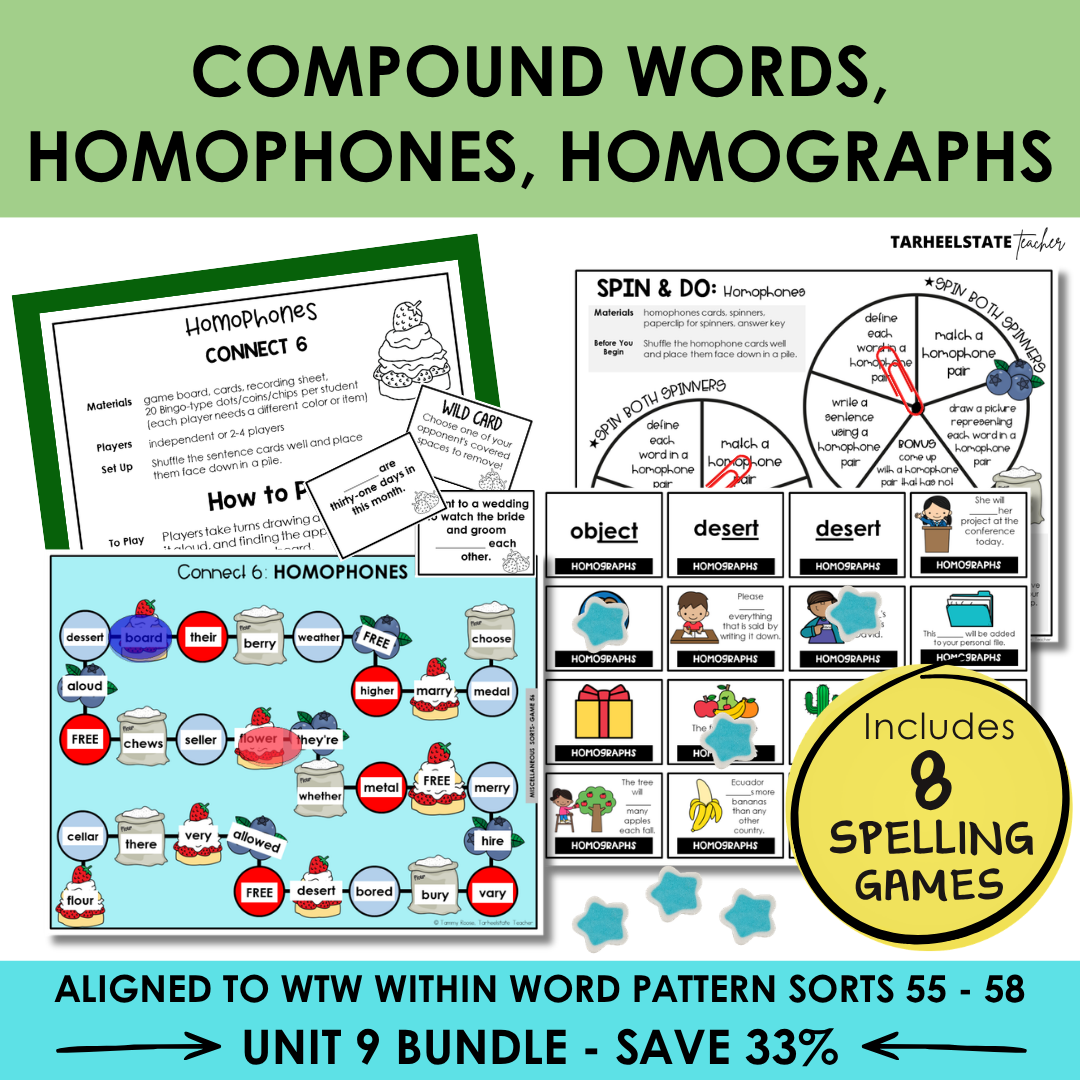 Educational materials for teaching compound words, homophones, and homographs with various activities and games.